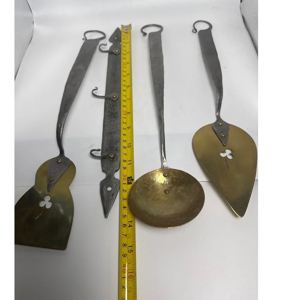 Plummer Hand Forged Iron Brass Kitchen Utensil Set 4pc Ladle Spatula Server Rack